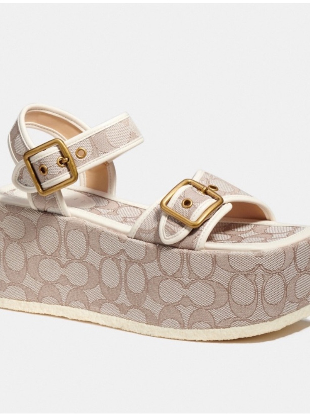 Coach Sandals - Beige Signature Monogram Platform with Gold Buckles - Size W9